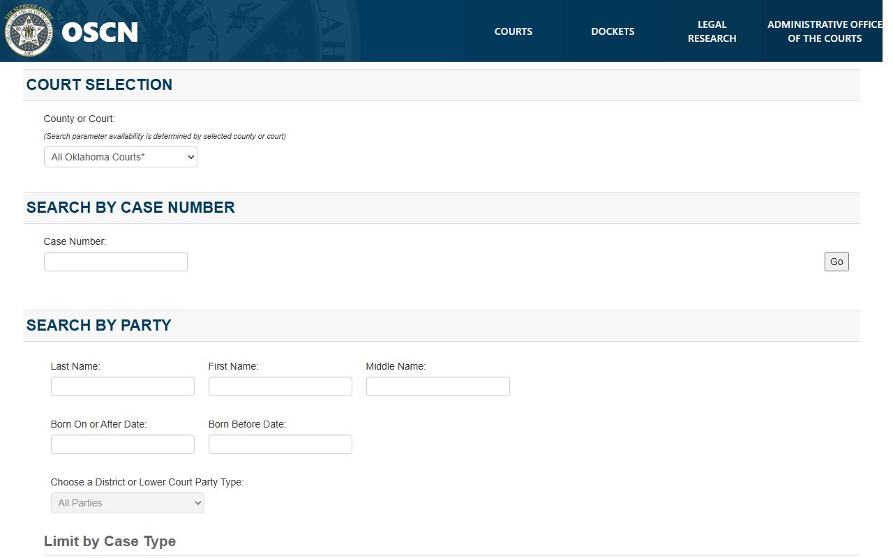 Oklahoma DUI records search on OSCN main search page